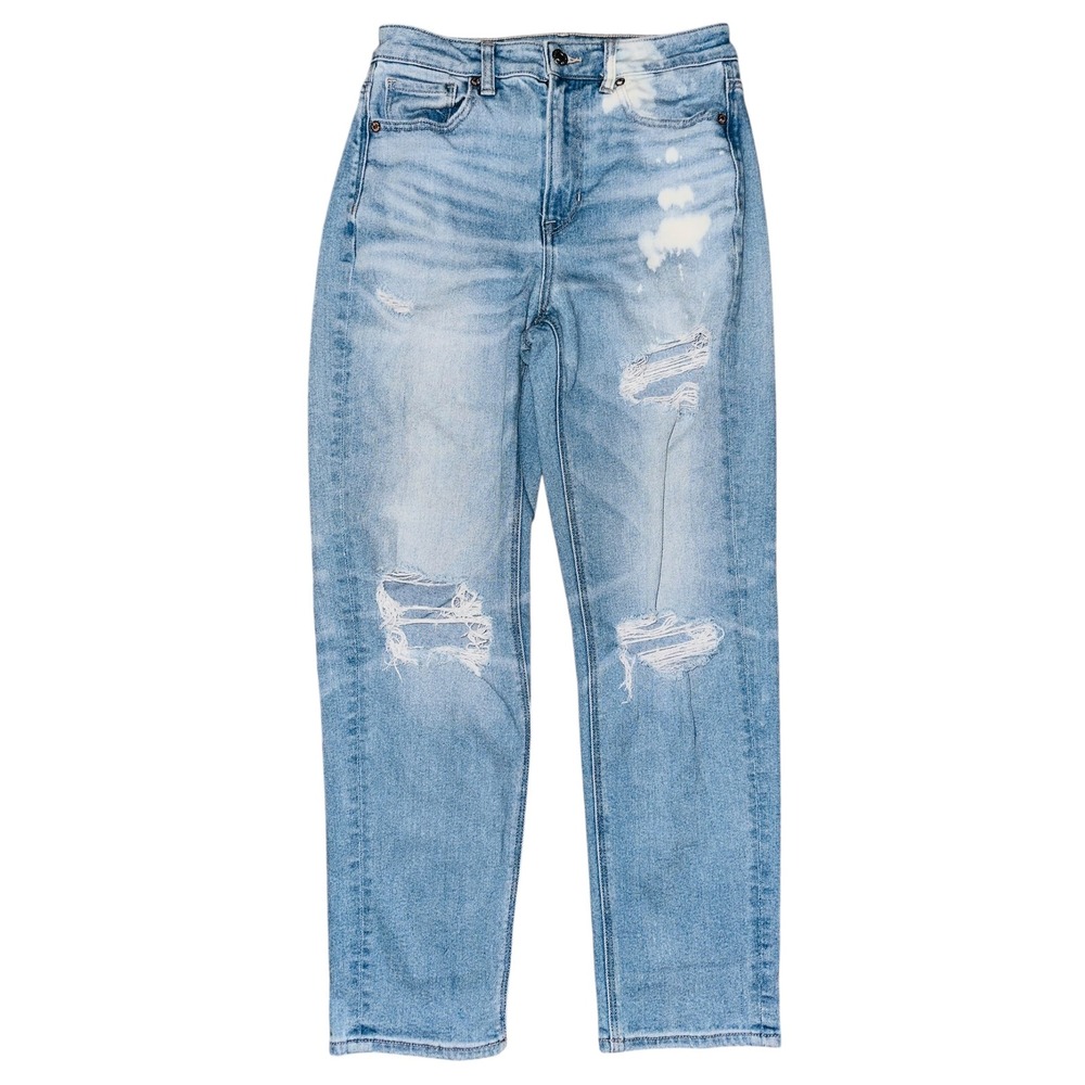 WB5 American Eagle Mom Straight Jeans Distressed Ripped Bleached‎ Wash Denim